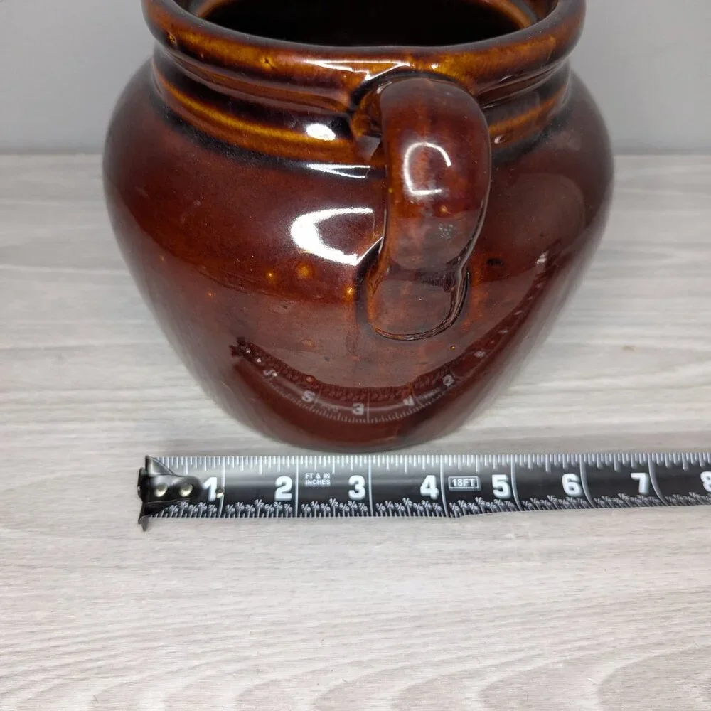 Vintage Brown Glaze Stoneware Bean Crock Pot with Handles Made in USA No Lid
